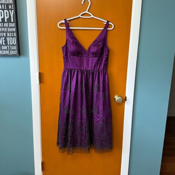 Adrianna Papell Boutique Dress Size 6 Womens Formal Purple Mesh Overlay Beads - Picture 2 of 10